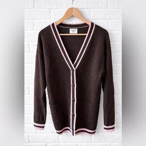 Aritzia Sunday Best Brown Cardigan Sweater | Pink Trim Button Up Size XS